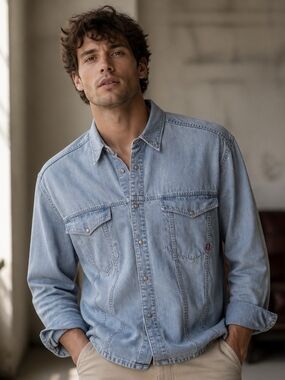 Men's Light Blue Denim Button-Down Shirt - Long Sleeve Casual